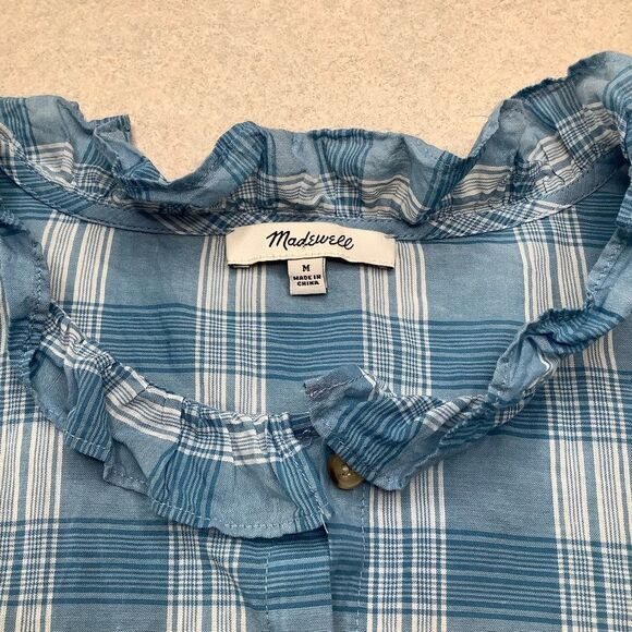 Madewell Ruffle‎ Neck Top Colwell Plaid Medium Blue & White - Picture 3 of 11
